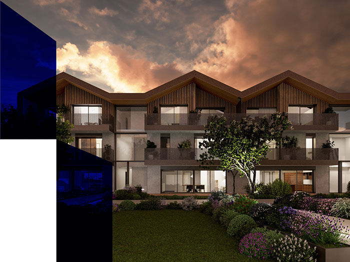 3 maisons mitoyennes de face, en soirée